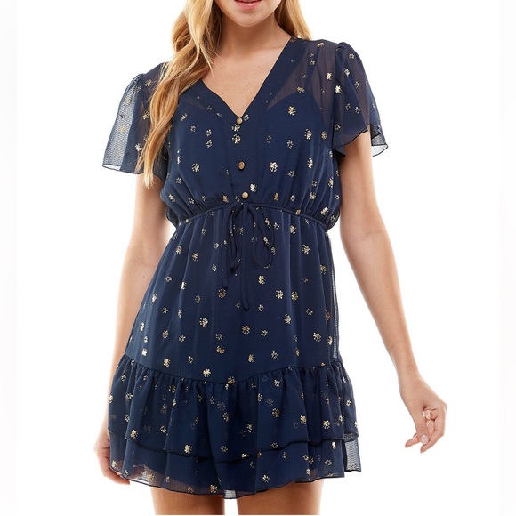 City Studio Juniors' Drawstring-Waist Ruffled-Hem Dress - Picture 1 of 4